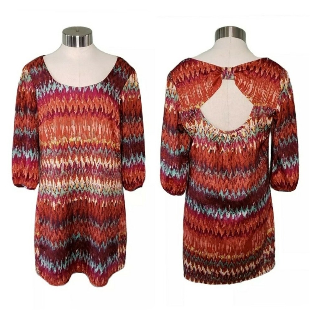 Lily Rose Southwestern Tunic Top Dress Rust Orange & Mint Keyhole Back Size M